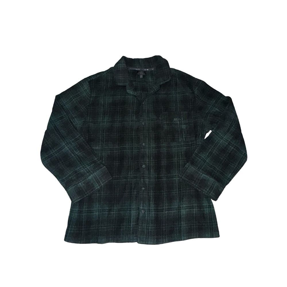 Skims Unisex Plush Fleece Button Up Shirt Size XL Green Plaid Long Sleeve Collar